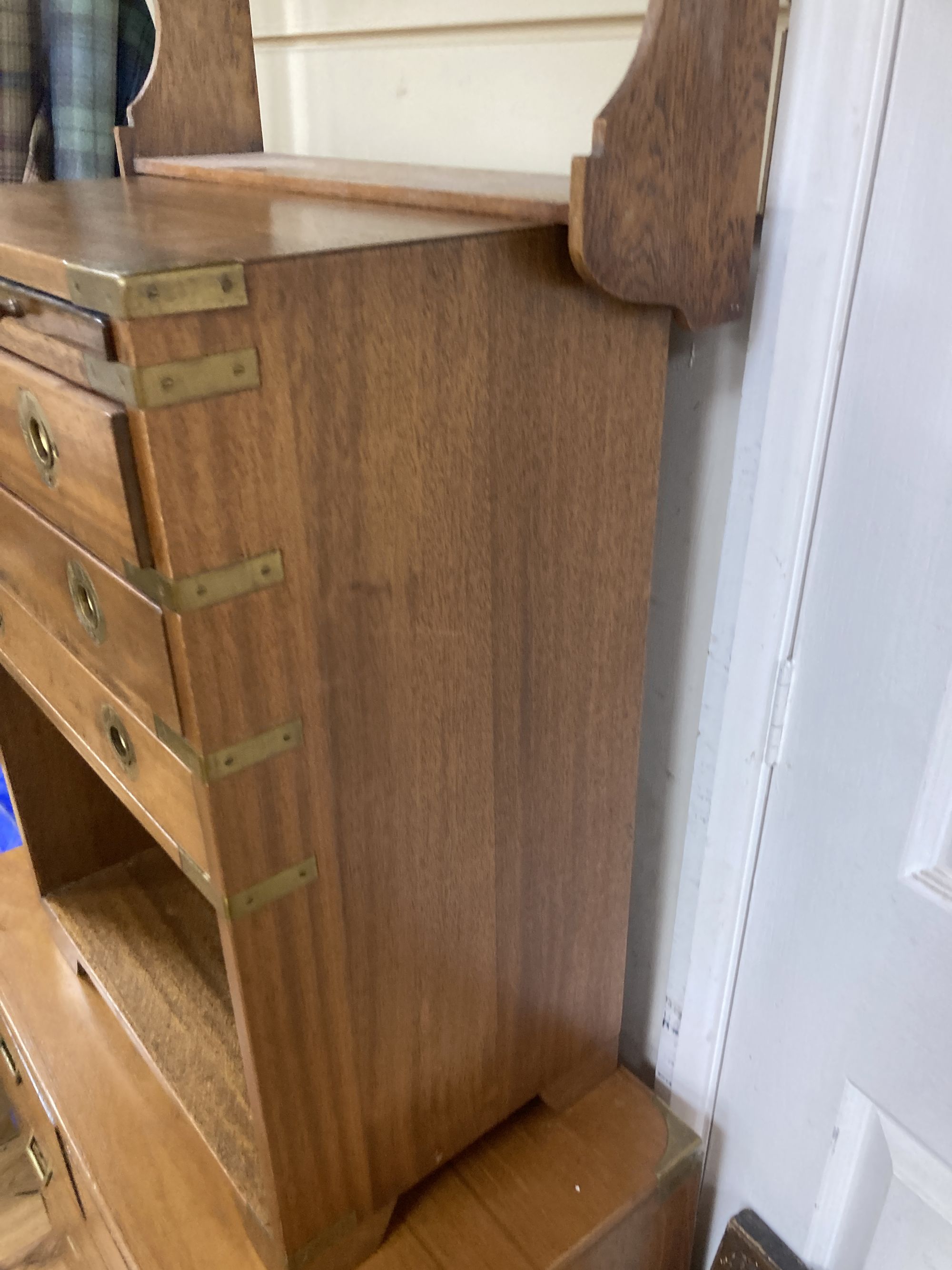 Two reproduction military-style chests, larger width 68cm, depth 38cm, height 69cm together with an oak wall bracket